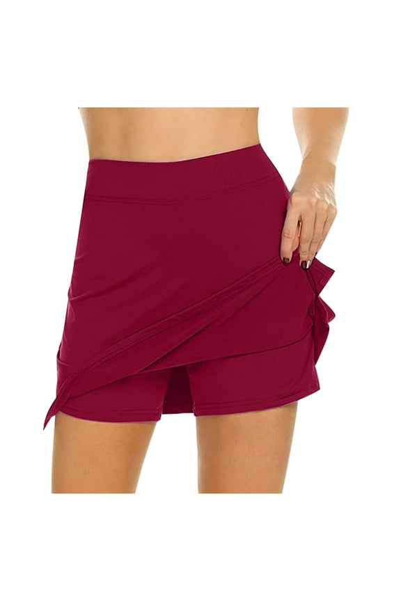 Casual Sports Skirt Short Stretch Waist FlaRed-A Plain Skater Skirt with Pockets and Lined Shorts S-48 Red-A S