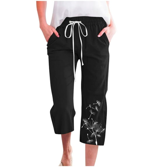 Mrat Casual Summer Pants Clearance Women's Drawstring Casual Loose Casual Wide Leg Straight Leg 7/4 Belt Pocket Womens Linen Pants S-126 Black XL