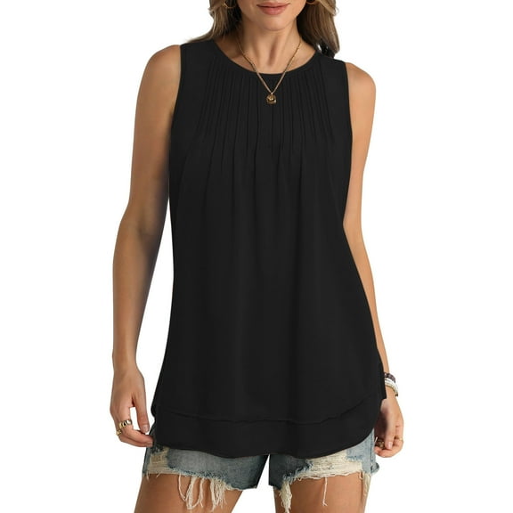 Mrat Casual Tank Tops for Women Women Tunic Tank Topspleated Summer Loose Blouse Shirts Round Neck Sleeveless Casual Flowy Tops S-259 Black M