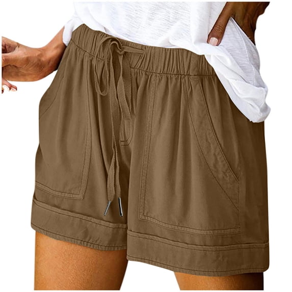 Mrat Checkered Pants Ladies Womens Plus Size Comfy Drawstring Casual Elastic Waist Pocket Loose Shorts Pants Sport Shorts Women S-366 Brown 4XL