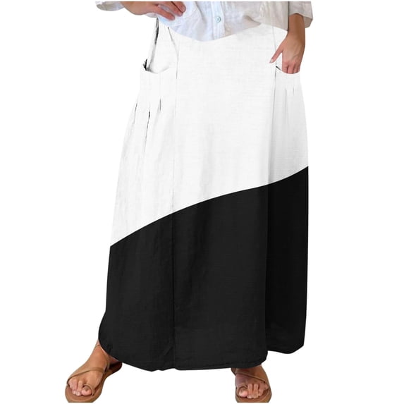 Mrat Chiffon Skirt Women's Casual Retro Floral Skirts Linen Elastic Waist Pleated Maxi Skirt with Pockets Plus Size Skirts S-153 Black XL