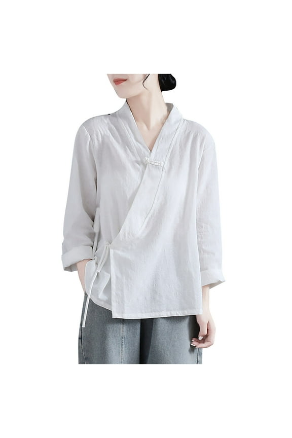 Chinese Shirts for Women Women's Wrap V Neck Cotton Linen Blouse Vintage Button Tunic Shirts Casual Loose Long Sleeve Tops S-33 White L