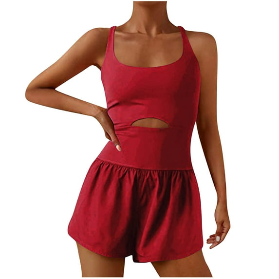 Mrat Clearance Womens Workout Athletic Romper Padded Bras One-Piece Exercise Jumpsuit Gym Clothes with Back Zipper Tank Dress Bodice Dress Elastic Stretch Short Jumpsuit Red 2XL