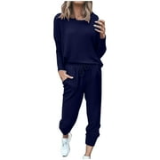 Mrat Club Outfits for Women 2 Piece Jogging Sets Solid Polyester Long Sleeve Sweatsuits Sets Two Piece Track Suits Drawstring High Waist Pants Set Comfy Outfits C-Navy M