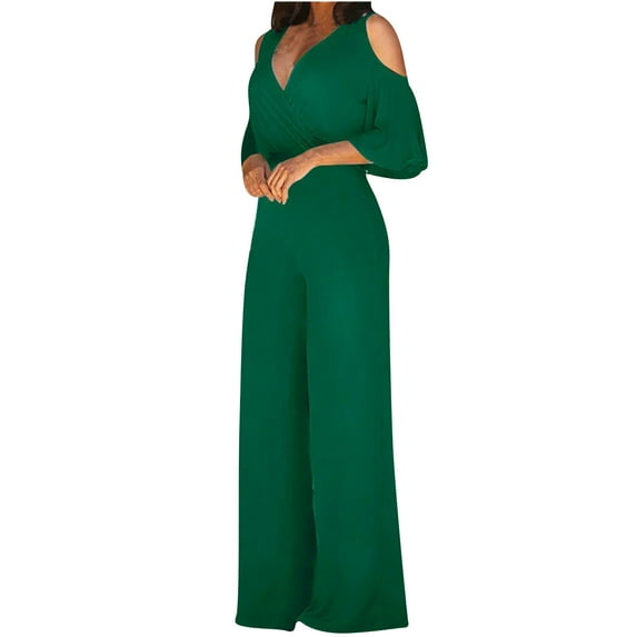 Mrat Cold Shoulder Jumpsuits for Women Clubwear Short Sleeve Solid Rompers High Waisted Wide Leg Pants Rompers with Belt Business Overalls S-32 Green S