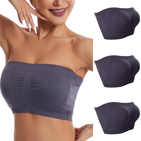 Mrat Compression Sports Bra 3pc Strapless Bandeau Bra for Women, Seamless Bralettes Stretchy Padded Tube Tops Bra with Clear Strap S-410 Gray XXL