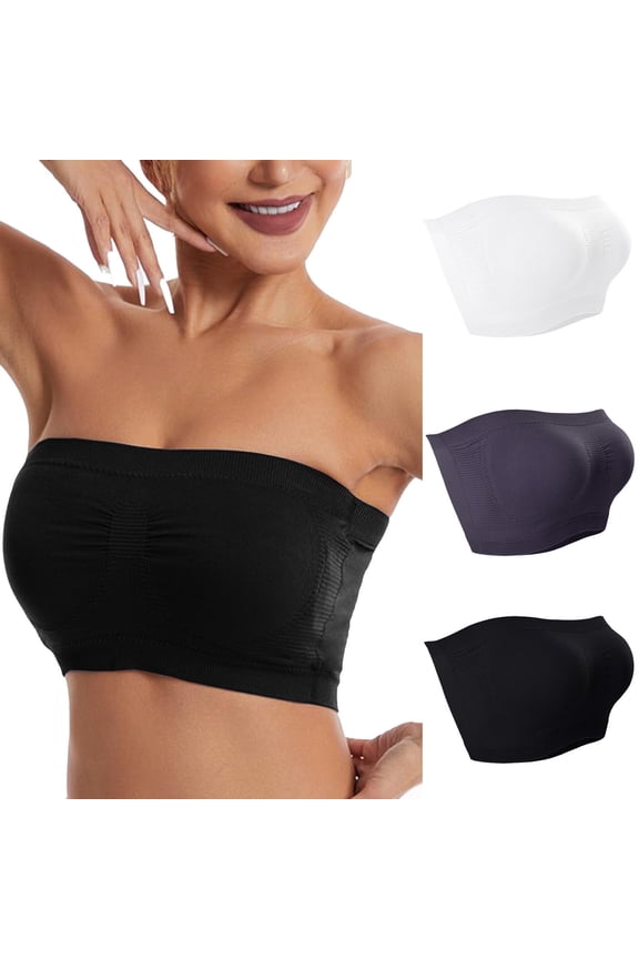 Mrat Compression Sports Bra 3pc Strapless Bandeau Bra for Women, Seamless Bralettes Stretchy Padded Tube Tops Bra with Clear Strap S-412 Gray L