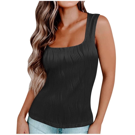 Mrat Compression Tank Tops Womens Summer Squeresd Neck Tank Tops Casual Textured Basic Tops Sleeveless Shirts Basic Knit Sleeveless Shirts S-383 Black XL