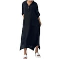 thumbnail image 1 of Mrat Cotton Linen Dresses for Women Casual Loose Fitting Rolled Long Sleeve Button Shirt Dress Flowy Maxi Dress with Pockets S-37 Black XXL, 1 of 6