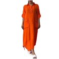 thumbnail image 1 of Mrat Cotton Linen Dresses for Women Casual Loose Fitting Rolled Long Sleeve Button Shirt Dress Flowy Maxi Dress with Pockets S-37 Red-a M, 1 of 6