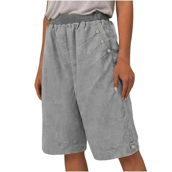 Mrat Cotton Linen Short Women's Knee Length Shorts Oversized Elastic Waist Drawstring Casual Solid Color Shorts Loose Straight Leg Beach Shorts with Pockets S-48 Gray XXL