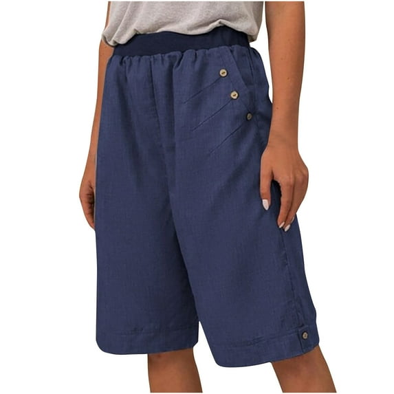 Mrat Cotton Linen Short Women's Knee Length Shorts Oversized Elastic Waist Drawstring Casual Solid Color Shorts Loose Straight Leg Beach Shorts with Pockets S-48 Blue L