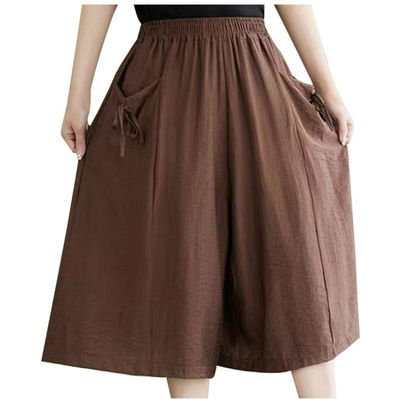 Mrat Cotton Linen Shorts Women's Knee Length Shorts Solid Color Casual Shorts Plus Size Elastic Waist Wide Leg Dress Five Half Pants with Pockets S-39 Coffee XL