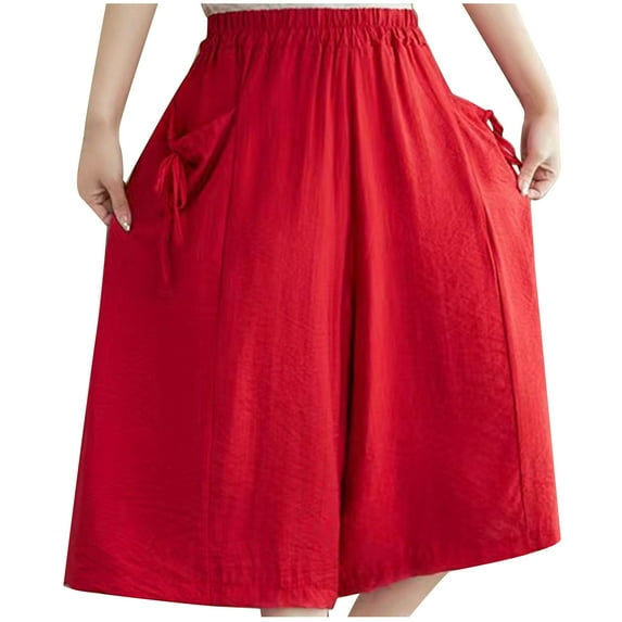 Mrat Cotton Linen Shorts Women's Knee Length Shorts Solid Color Casual Shorts Plus Size Elastic Waist Wide Leg Dress Five Half Pants with Pockets S-39 Red-A XXL