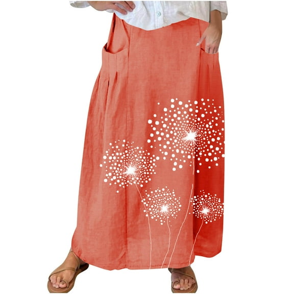 Mrat Cotton Maxi Skirt Women's Casual Retro Floral Skirts Linen Elastic Waist Pleated Maxi Skirt with Pockets Plus Size Skirts S-244 Orange S