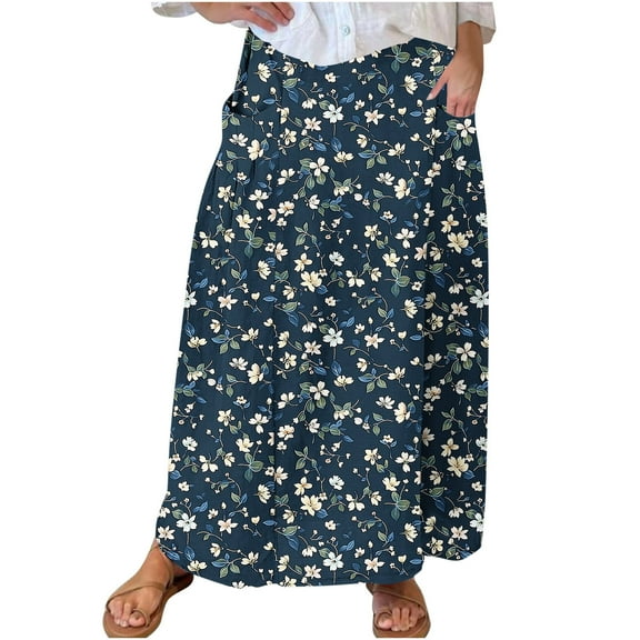 Mrat Cotton Maxi Skirt Women's Casual Retro Floral Skirts Linen Elastic Waist Pleated Maxi Skirt with Pockets Plus Size Skirts S-258 Black 5XL