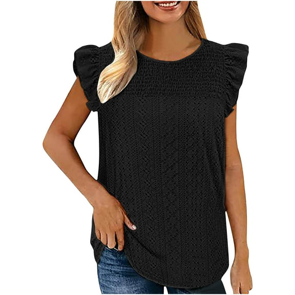 Mrat Cotton Tank Tops Womens Solid Color Round-Neck Sleeveless Vests Cut-Out Panel Sleeveless Ruffle Tops Mock Neck Tank Tops for Women S-170 Black 3XL