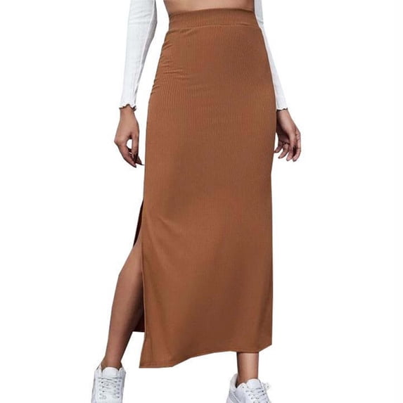 Mrat Crochet Skirts Women's Versatile Half Skirt Solid Color Elastic Wrapped Hip Skirt Split Skirt Flared Skirts S-92 Brown XL