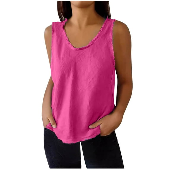 Mrat Crop Tank Tops for Women Women's Summer Loose and Comfortable Round Neck Sleeveless Tassel Splicing Casual Solid Color Loose Large Size Cotton and Linen Tops S-211 Hot Pink-a XL