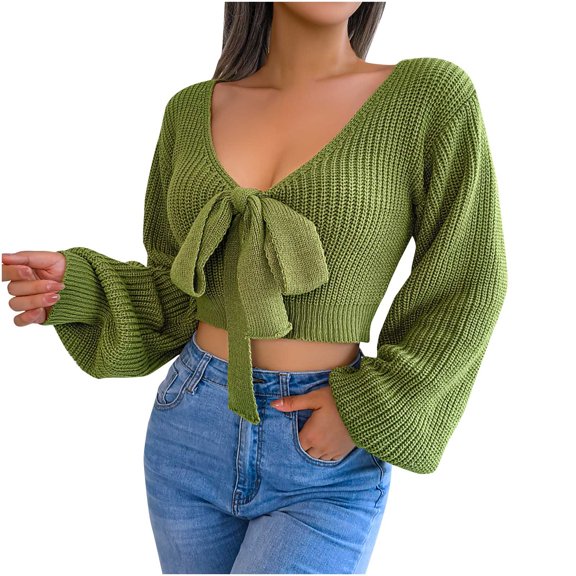 Mrat Cropped Sweaters for Women Winter Long Sleeve Striped Sweater Sweaters for Ladies Cardigan Open Front Solid Blouse V-Neck Bow-Knot Jumper Tops Green M