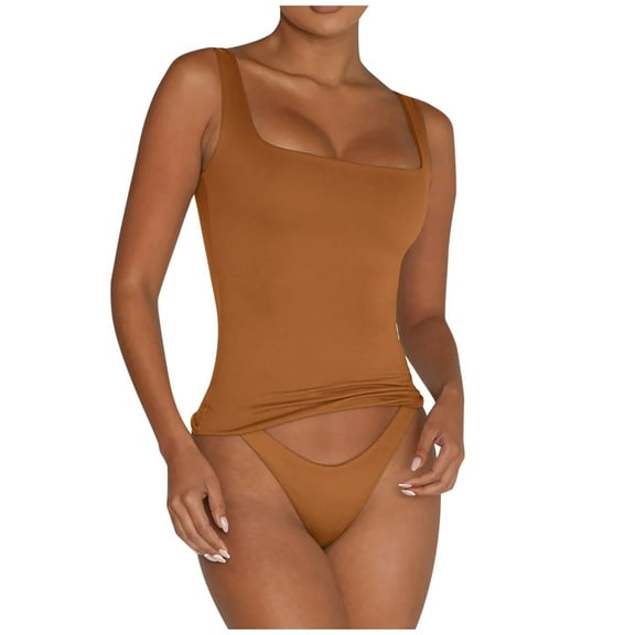 Mrat Cropped Tank Tops Women's Fashion Casual Spring Summer Beach Solid Color Round-Neck Tank Tops Extra Long Tank Tops for Women S-192 Khaki S