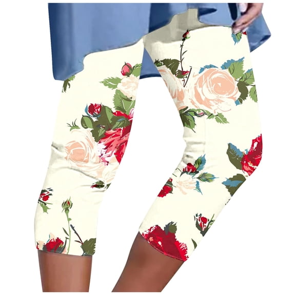Mrat Cropped Yoga Pants for Women Beach Capris Legging Stretchy Pants High Waisted Lightweight Capris Floral Print Workout Jogging Tights S-12 Yellow 3XL