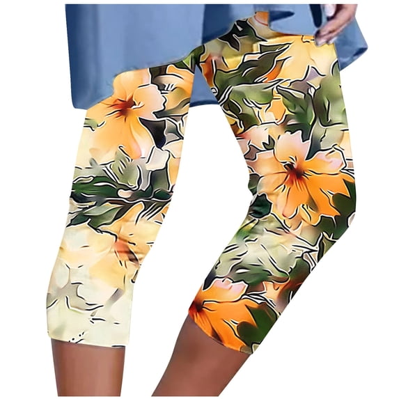 Mrat Cropped Yoga Pants for Women Beach Capris Legging Stretchy Pants High Waisted Lightweight Capris Floral Print Workout Jogging Tights S-13 Yellow XL