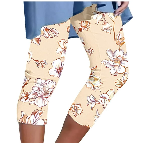 Mrat Cropped Yoga Pants for Women Beach Capris Legging Stretchy Pants High Waisted Lightweight Capris Floral Print Workout Jogging Tights S-14 Yellow 3XL