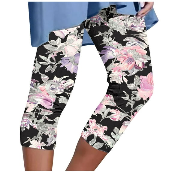 Mrat Cropped Yoga Pants for Women Stretchy Pants High Waisted Lightweight Capris Leggings Floral Print Workout Running Tights S-6 Black 4XL