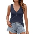thumbnail image 1 of Mrat Cute Womens Tank Tops Women's Summer Casual Sleeveless Tops V-Neck Tops Button Solid Color T-Shirts S-165 Navy L, 1 of 8