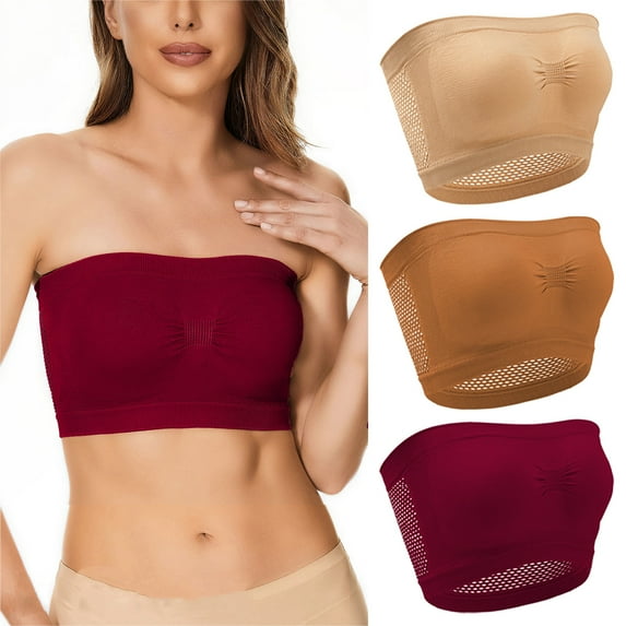 Mrat Deep V Bras for Women 3pc Ladies Traceless Comfortable No Steel Ring Breathable Gathering Bra Woman Underwear Tube Tops S-87 Wine S