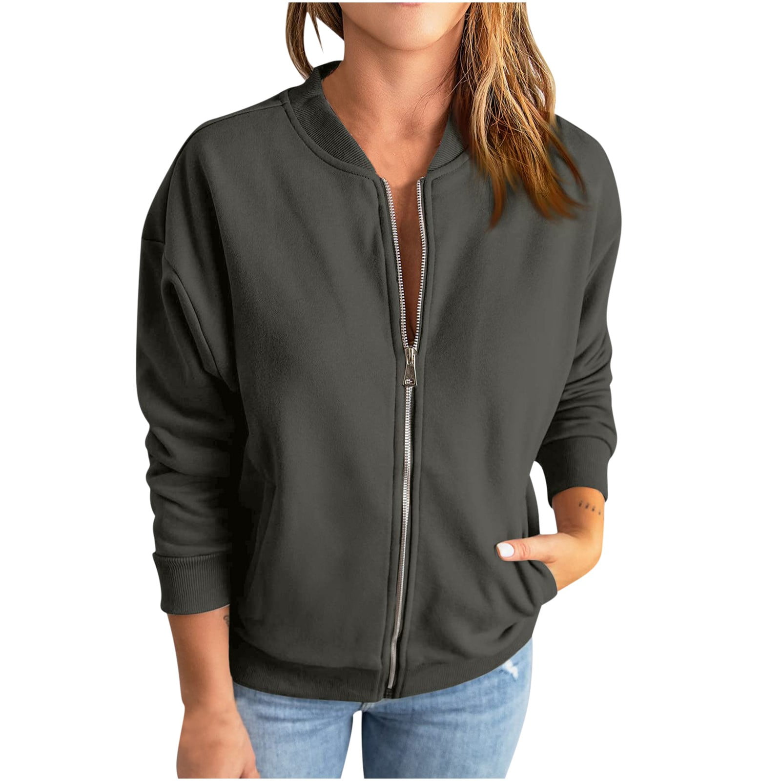 Women's Lightweight Waterproof Jackets Solid Color Long Sleeve Hooded Lapel  Drawstring Zipper Casual Sport Coat(Gray,S)