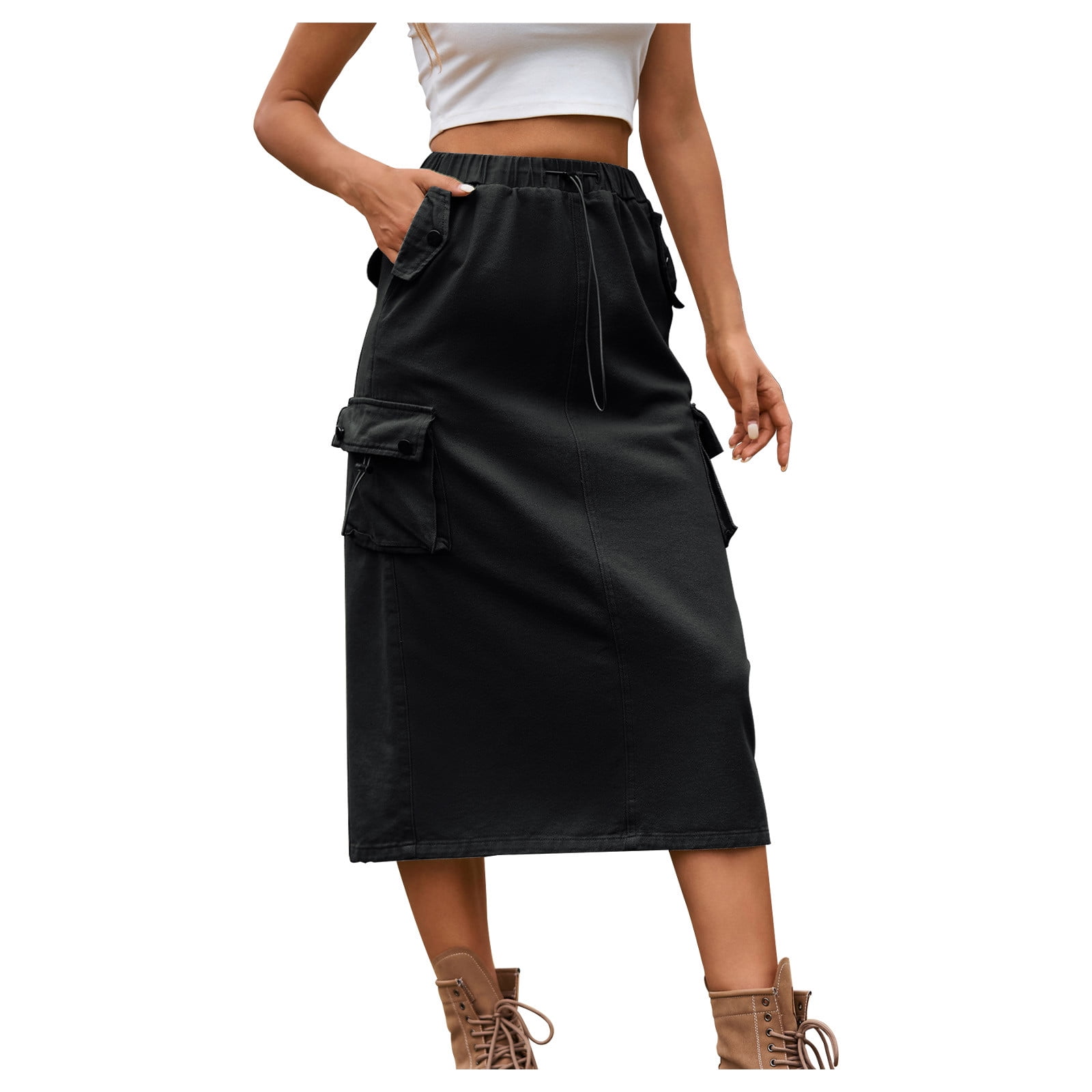 Mrat Denim Maxi Skirt Women's Cargo Skirts Drawstring High Waist