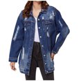 thumbnail image 1 of Mrat Distressed Jean Jacket Women Ripped Lapel Long Sleeve Button-Down Long Denim Jacket for Women Casual Jean Jackets Coat Outerwear C-13 Blue M, 1 of 5