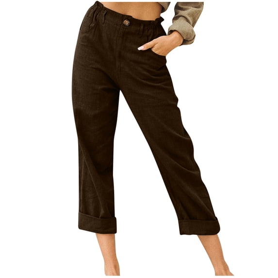 Mrat Drawstring Workout Sweatpants Women Casual Solid Color Pockets Buttons Elastic Waist Comfortable Straight Pants Women's Paper Bag Waist Pants S-21 Brown XL