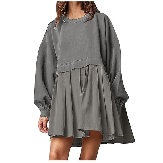 Mrat Dresses for Women Fall Long Sleeve Dress Casual Irregular Hem Loose Dresses Wrapped Hip Cold Shoulder Dresses Round-Neck Sweatshirt Ladies Solid Mini Dresses Dark Gray_A XL