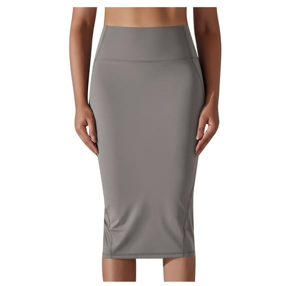Mrat Elastic Waist A-Line Skirt Women's High-Waisted Skirt Casual Sports High-Elastic Skin-Friendly Mid-Length Slit Yoga Dress Elastic Waist A-Line Skirt S-136 Gray M