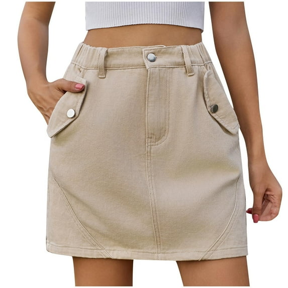 Mrat Elastic Waist A-Line Skirts Women's Denim Workwear Pocket Skirt Casual Drawstring Elastic Waist Short Skirt Bubble Skirts S-66 Khaki XL
