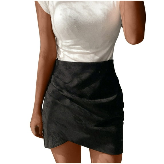 Mrat Elastic Waist Pleated Skirt Women's Solid Color Wrap Hip Stretch Half Skirt Zip Short Skirt Stretchy Skirt S-83 Black M