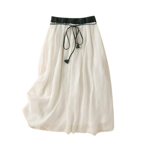 Mrat Elastic Waist Pleated Skirts Women's Summer Solid Elastic Waist Cotton Linen Ankle Skirt Front Drawstring Asymmetrical Skirt S-35 White XXL