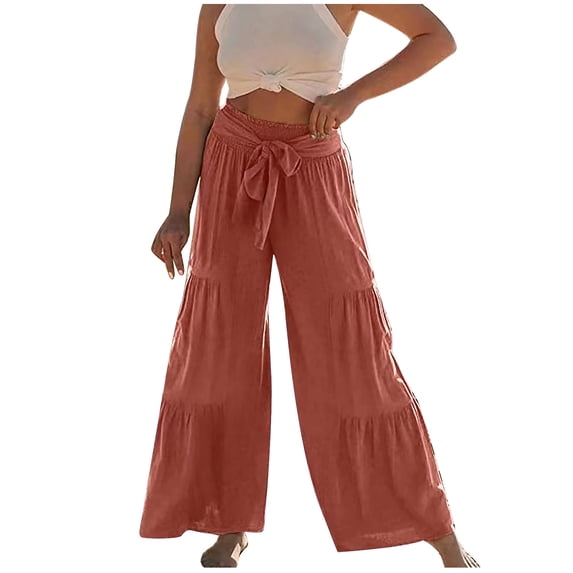 Mrat Elastic Waist Trouser Full Length Pants Ladies Fashion Casual High Waist Elastic Waist Drawstring Straps Solid Color Ruffle Wide Leg Long Pants High Waisted Casual Trousers