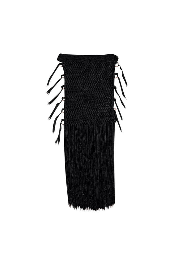 Elegant Skirts Women Solid Swimsuit Bohemian Hollow Weave Long Tassels Cover up Bikini Swimwear Beach Cover-Ups Wrap Skirt Floral Maxi Skirt S-89 Black XL
