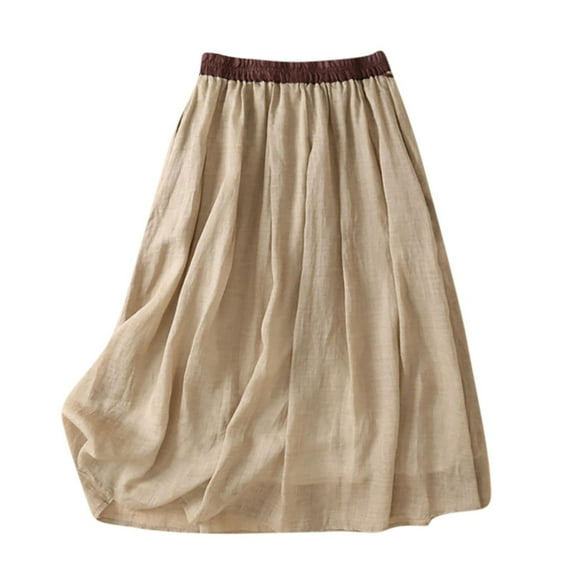 Mrat Elegant Skirts Women's Summer Solid Elastic Waist Cotton Linen Ankle Skirt Front Drawstring Midi Skirts S-35 Khaki XL