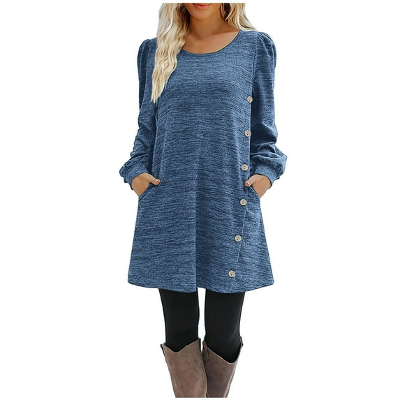 Mrat Engagement Dresses for Women Women's Fashion Casual Solid Color Long Sleeve Round-Neck Mid-Calf Dress Ladies Dresses S-369 Blue M