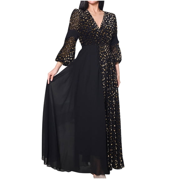 Mrat Evening Party Dresses for Women Black V-Neck Mesh Long Sleeve Dress Patchwork Dress A-Line Formal Maxi Dress S-10 Black XXL
