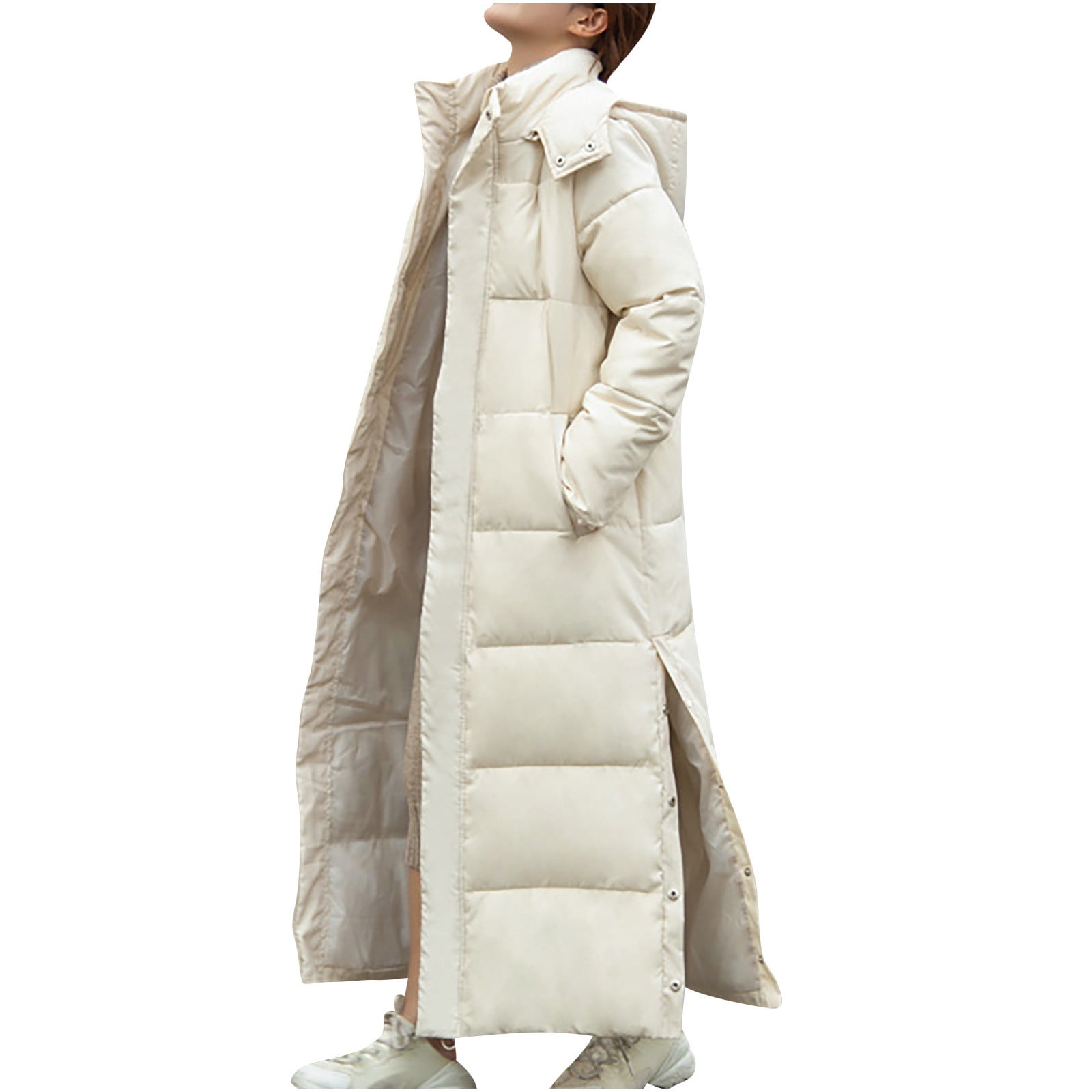 Mrat Extra Long Down Coats for Women Winter Thicken Warm Full Zip Puffer  Jacket with Hood Split Long Maxi Puffer Coat Outerwear Snap Closure Hooded