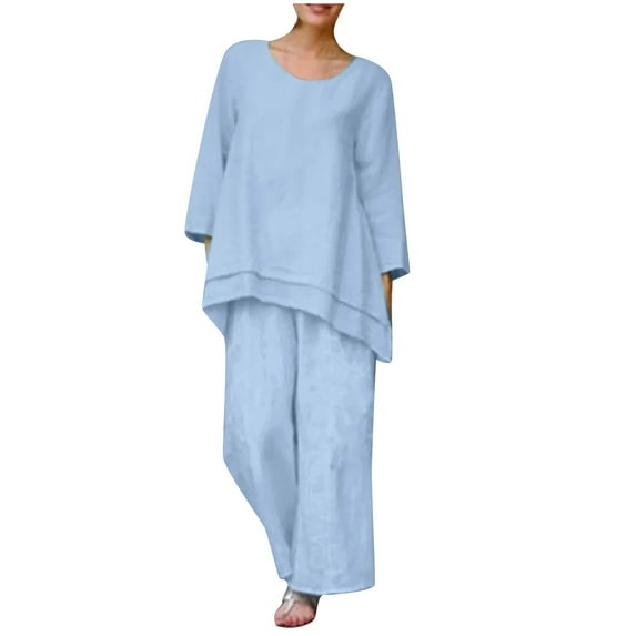 Mrat Fall Pullover Tracksuit Women 2 Piece Outfit Casual Round-Neck Long Sleeve Solid Color Loose Cotton Wide Leg Pants Sets S-43 Sky Blue L