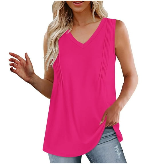 Mrat Fashion Women's Spring/Summer Solid Color Casual V-Neck Sleeveless Tops Tank Tops Classic Camisoles S-46 Hot-Pink XL