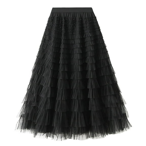 Mrat Fish Tail Skirt Women's Solid Color Ruffled Mesh Skirt High Waist Prom Poached Skirt Half-Length Skirt Cargo Skirts S-159 Black L