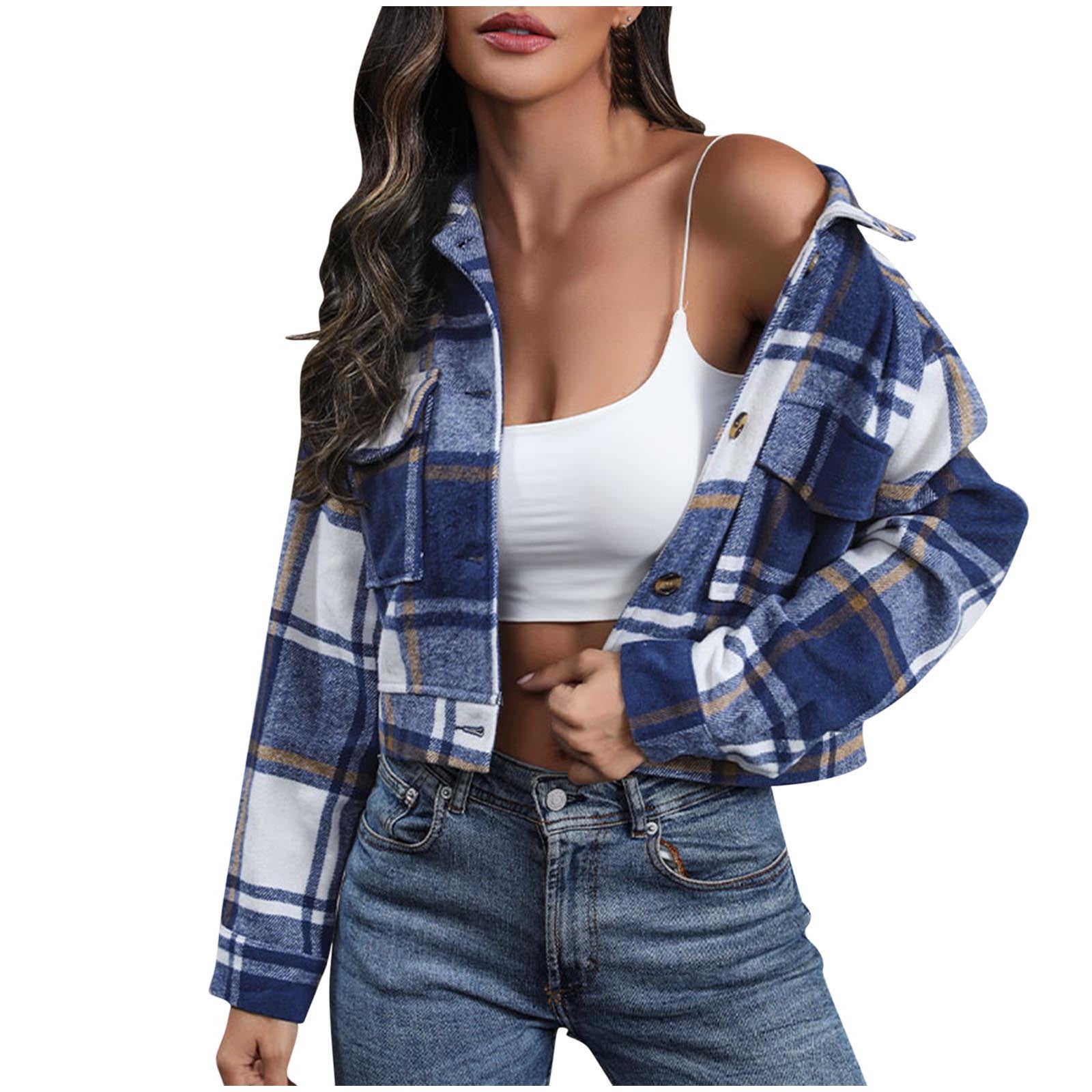Mrat Flannels Shirt for Women Cropped Shacket Jacket Fashion Plaid ...